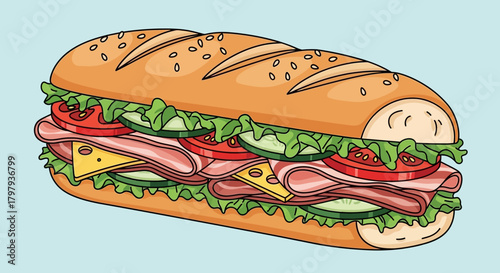 A classic submarine sandwich illustration with fresh ingredients