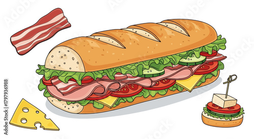 Classic submarine sandwich, fresh ingredients, bacon, cheese art