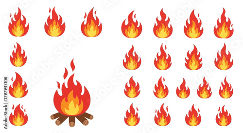Vector fire flame icons and campfire symbol in flat design style