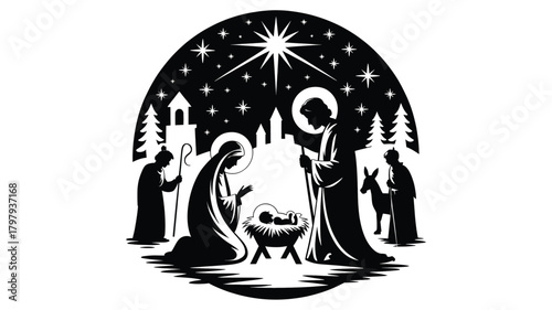 Traditional nativity scene silhouette featuring mary joseph and baby jesus in a manger under a star filled sky with shepherds and trees silhouette