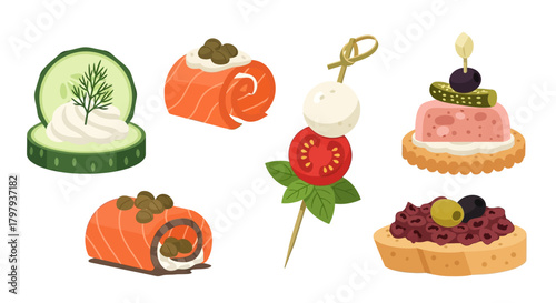 Delicious appetizer variety: salmon, cucumber, caprese, tapenade