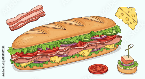 A loaded classic submarine sandwich with fresh ingredients.