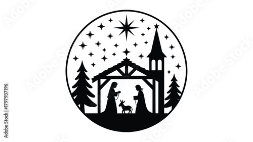 Oval shaped black silhouette depicting the nativity scene with mary joseph and baby jesus under a stable roof with a church steeple and starry sky silhouette