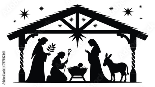 A classic black silhouette of the nativity scene with mary joseph the shepherds and a donkey inside a stable under a starry sky silhouette