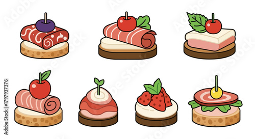 Assortment of colorful gourmet canapes and appetizers vector art