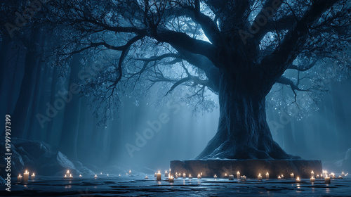 In a mist-laden forest illuminated by flickering candles at dusk, a Slavic pagan ritual unfolds near an ancient sacred tree, creating an atmosphere steeped in tradition and mystery