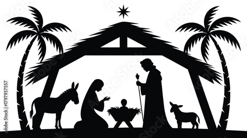 A stark black silhouette of the nativity scene with mary joseph and baby jesus in a stable with palm trees and a star silhouette
