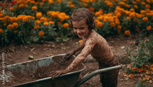 Child Joyfully Playing in the Garden While Pushing a Wheelbarrow Filled With ...