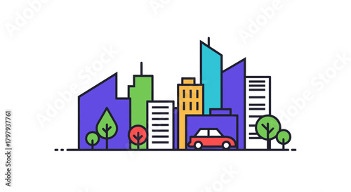 Vibrant city buildings, green trees, and a red car in urban scene