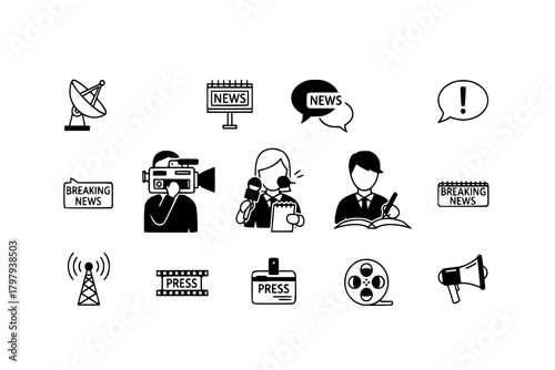 set of Cameraman, reporter, journalist pictogram icon in a collection with other items
