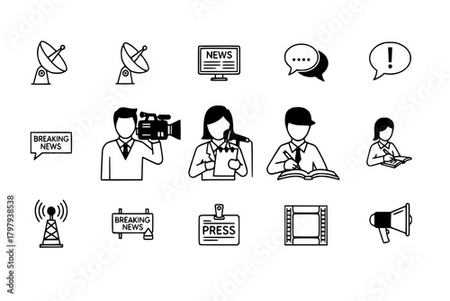 set of Cameraman, reporter, journalist pictogram icon in a collection with other items
