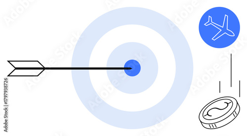 Arrow striking bullseye, plane icon above and coin in motion suggest achievement, finance, travel, and precision. Ideal for business success, strategy, goals, finance travel ambition and focus as