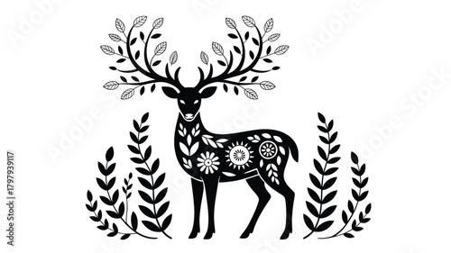 Elegant black silhouette of a majestic stag with ornate floral patterned body and branching antlers adorned with leaves and flowers against a white background silhouette