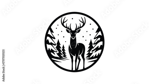 Majestic stag standing tall in a snow covered forest with a starry night sky above depicted in a striking oval silhouette design