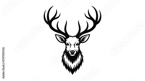 Majestic stag head with impressive antlers depicted in a striking black and white silhouette style against a plain background