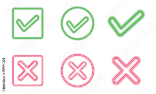 Glowing neon check, tick mark icon and cross sign icons for approval and rejection glow with bright light effects on transparent background for digital ui ux design circle, rounded, square