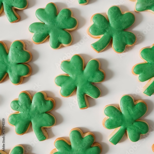 Green Clover Cookies Arranged on a White Surface for a Festive Celebration
