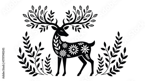 Artistic black and white silhouette of a majestic deer with elaborate floral patterned antlers and body surrounded by decorative foliage elements