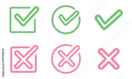 Glowing neon check, tick mark icon and cross sign icons for approval and rejection glow with bright light effects on transparent background for digital ui ux design circle, rounded, square,