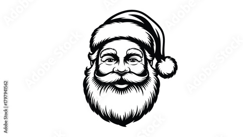 A classic hand drawn black and white illustration of santa claus face with a beard and hat in a striking silhouette style