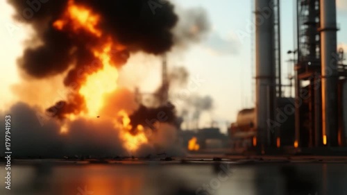 Industrial Inferno: A powerful explosion erupts within a sprawling industrial complex, sending flames and debris skyward amidst towering structures and plumes of smoke.