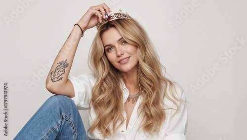 Young Woman With Crown Poses Elegantly in Casual Attire While Sitting on a So...
