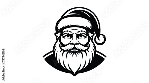 A classic black and white illustration of santa claus s head and shoulders in a striking silhouette style with a detailed beard and hat