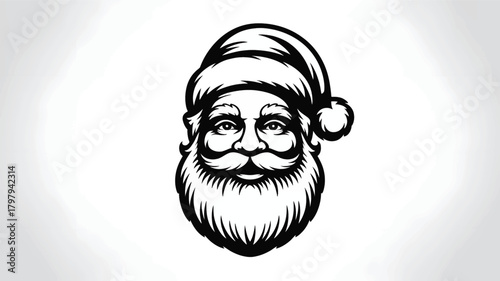 Classic santa claus face with a beard and hat rendered in a detailed black and white line art silhouette style for holiday designs