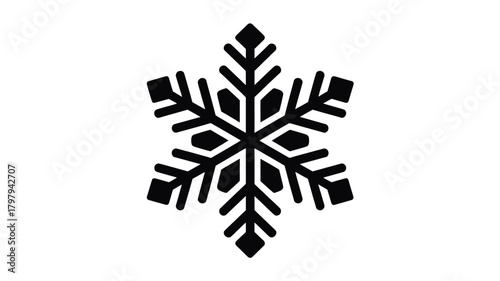 A stark black silhouette of a classic six pointed snowflake with intricate crystalline patterns against a clean white background representing winter s delicate beauty and cold
