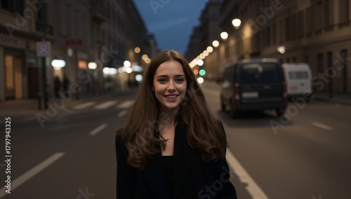 Smiling Woman Poses in Quiet City Street During Evening Hours