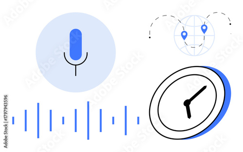 Microphone for voice recognition, sound waves, clock for time, map with pins for connectivity. Ideal for technology, communication, AI, productivity, global accessibility remote work simple flat
