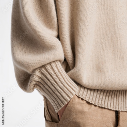 Soft Beige Sweater Paired With Light Tan Pants in a Neutral Setting During a ...
