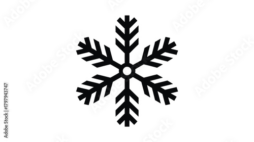 A stark black silhouette of a classic six pointed snowflake icon with intricate branching patterns against a clean white background representing winter and cold weather