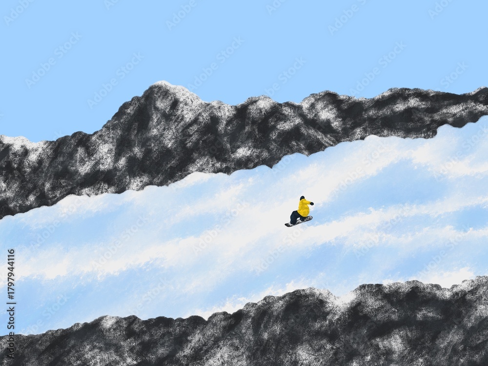 Obraz premium A snowboarder racing through snowy mountains