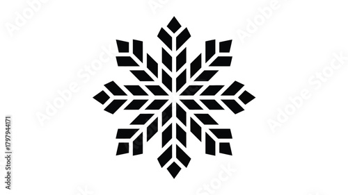Geometric snowflake silhouette with sharp pointed crystal arms creating a symmetrical starburst pattern on a white background winter symbol