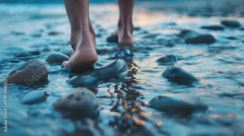 Bare feet walking on wet stones in calm water at sunset, Feet in water, walking on water, emotional solitude