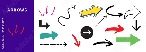 Stylized Arrows Pack: Brush Stroke, 3D Effect, Ribbon Flow, Neon Glow, Flat Design, Shadow Depth, Circle Loop, Upward Rise, Downward Drop, Right Left, Trendy Icon, Logo Element, Web Button, Animation 