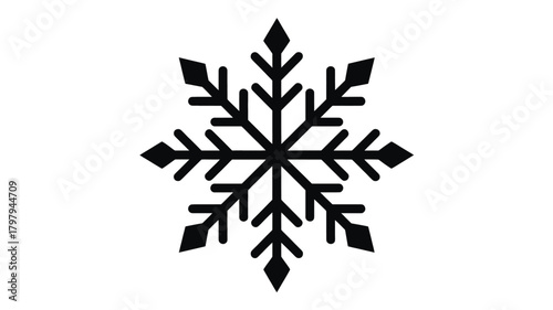 A detailed black silhouette of a classic snowflake with six symmetrical points and intricate crystalline branches against a stark white background representing winter s beauty and cold