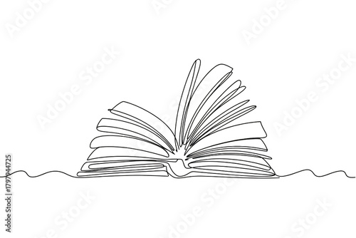 Open book outline with detailed pages, perfect for education, reading, and learning concepts, on a black background