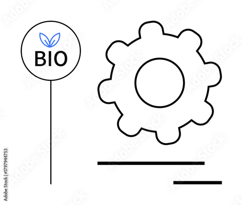 Gear beside bio label with leaf symbol, emphasizing sustainability, renewable energy, and green innovation. Ideal for technology, ecology, clean energy, industry, environment production
