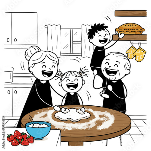 Family baking together in the kitchen with smiles and joy, illustration in a child's doodle style  
