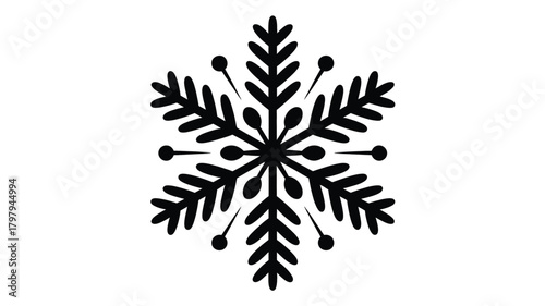 A detailed black silhouette of a snowflake with intricate branching patterns and small circular embellishments on a white background representing winter and cold weather