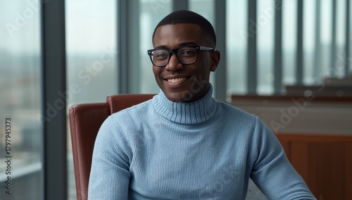 Man in Blue Sweater Smiles Confidently in Modern Office Space During Daylight...