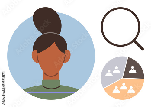 Female portrait with magnifying glass symbolizing analysis. Pie chart representing social data or demographics. Ideal for HR, analytics, recruitment, workforce, diversity, research, simple flat