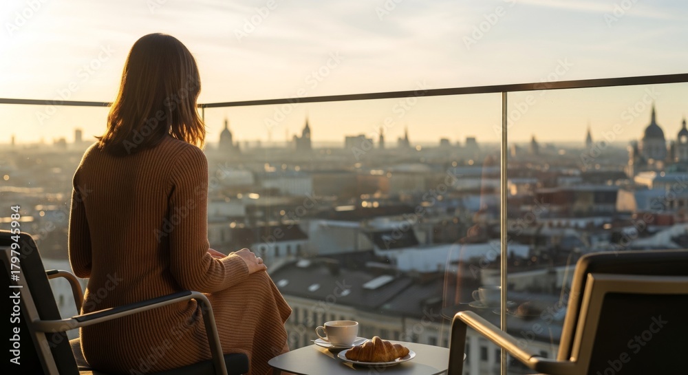 Naklejka premium Woman enjoying a peaceful morning coffee on a high-rise balcony overlooking a beautiful city skyline at sunrise.