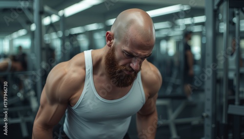 Muscular Man Working Hard at the Gym in Bright Fitness Center During Afternoo...