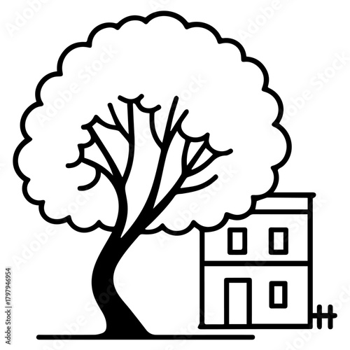 Minimalist line drawing of a large leafy tree beside a small two-story house with a fence, a friendly neighborhood icon for real estate, landscaping, and urban nature projects.
