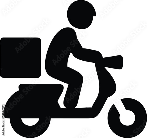 Scooter courier carrying delivery box silhouette vector icon flat design on white background