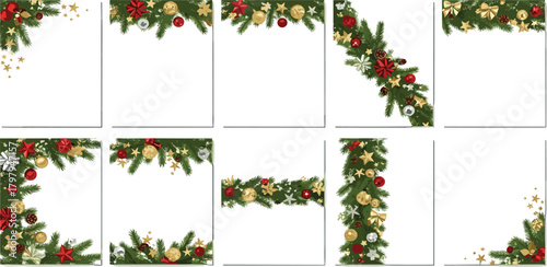 A versatile collection of ten festive Christmas borders and corner frames decorated with fir branches, shiny baubles, and golden stars