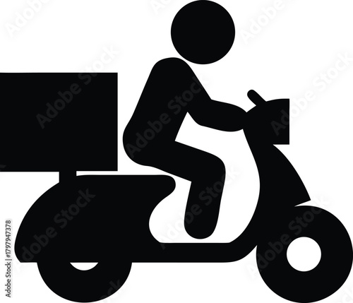Scooter courier carrying delivery box silhouette vector icon flat design on white background